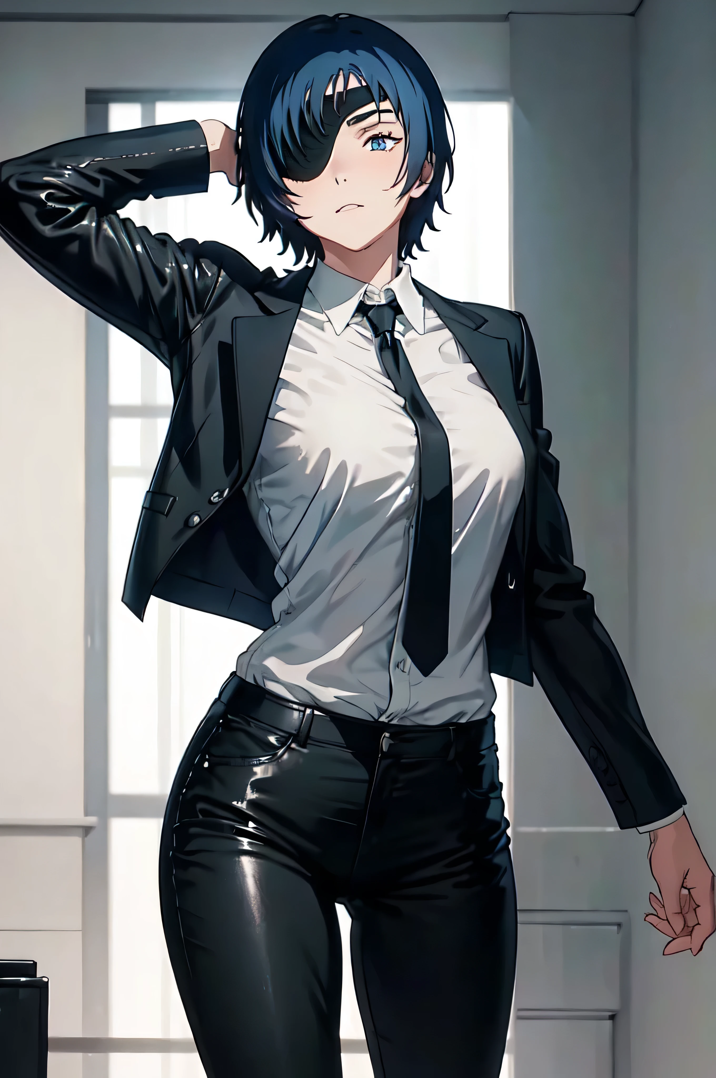 (masterpiece:1.2), himeno, blue eyes, 1girl, solo, looking at viewer, short hair, shirt, black hair, office background, standing, leather blazer, full body, white shirt, necktie, collared shirt, black leather pants, black leather jacket, black leather boot, black pants, left eyepatch, formal, leather suit, black necktie, shirt tucked in,  sexy