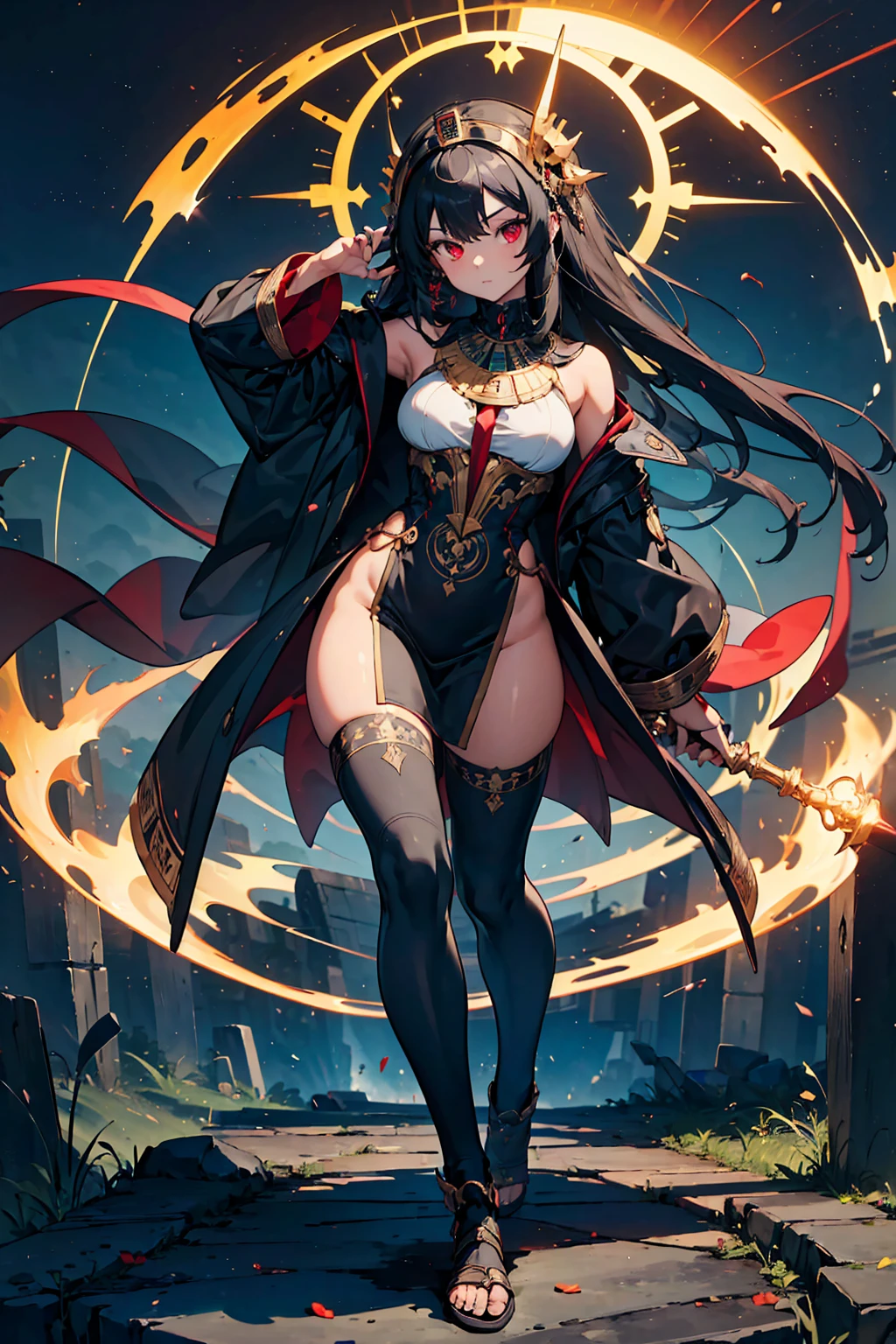 (((masterpiece, best quality, high detailed, 16k))) (1girl) A dark and seductive figure with long, flowing black hair and piercing red eyes. Her outfit is a mix of ancient Egyptian robes and cosmic, alien designs, with intricate hieroglyphs glowing across her skin. She holds a staff topped with a burning sun, and around her, reality itself seems to warp and twist. ((full body)), ((extremely detailed)).