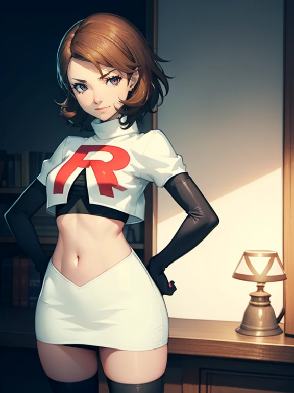 brown hair, short hair, glossy lips, eye shadow ,team rocket uniform, red letter R, white skirt,white crop top,black thigh-high boots, black elbow gloves, evil smile, evil face ,looking at viewer, cowboy shot, hands on hips