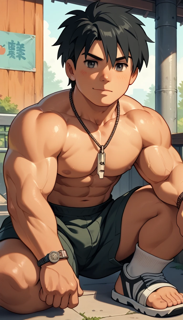 from below,cowboy shot,tenya iida,dark blue shoat parted mushroom cut hair,black eyes,silver rim glasses,tanned sweaty muscle,glossy dark skin,completely naked,wet all white small string thong(big bulge) only,whole body covered with amounts of sweat and water,blushing,smug face,breathing heavily,legs wide open,making steam from whole body,showing off muscular body,at locker room of school,splashing sweat,gay,beefcake,hairy pubic hair,hairy armpit hair,realistic bulge,