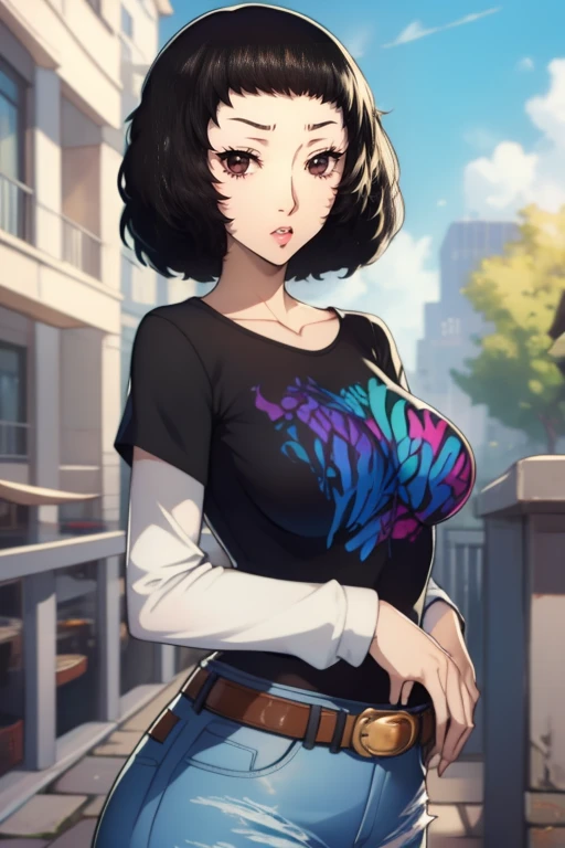 sadayokawakami, 1girl, solo, black t-shirt, white shirt, blue jeans, belt, lipstick, large breasts
