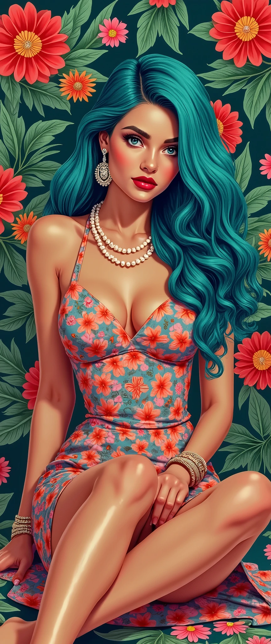Photorealistic image of a slender woman in her 30s, who owns the local tavern in a small Brazilian town during the 1960s. She has alluring, cat-like green eyes and wavy black hair cascading over her shoulders. Her red lipstick contrasts sharply with her pale skin. She's wearing a 60s-style dress, rich in color and floral pattern, giving her an air of mysterious elegance. --auto --s2