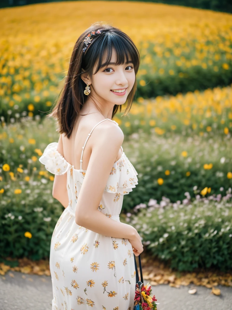 (((See-through white short-sleeved blouse))) ,(1若い女の子Very detailed美しい顔), (((Natural Makeup))),Great face and great quality:1.4), (Ultra-detailed), (Very detailed CG 統合 8k 壁紙), Very detailed,21 years old, High resolution raw color photos, Professional photography, Realistic portraits, Great face and eyes, Brown eyes,(((Straight medium brown hair))), model, Depth of written boundary,,sit,smile,(topless),(((Quite small breasts))),(Small blue shorts),(((modelのポーズで立つ))),,Sunflower field,(((Shooting from behind)))