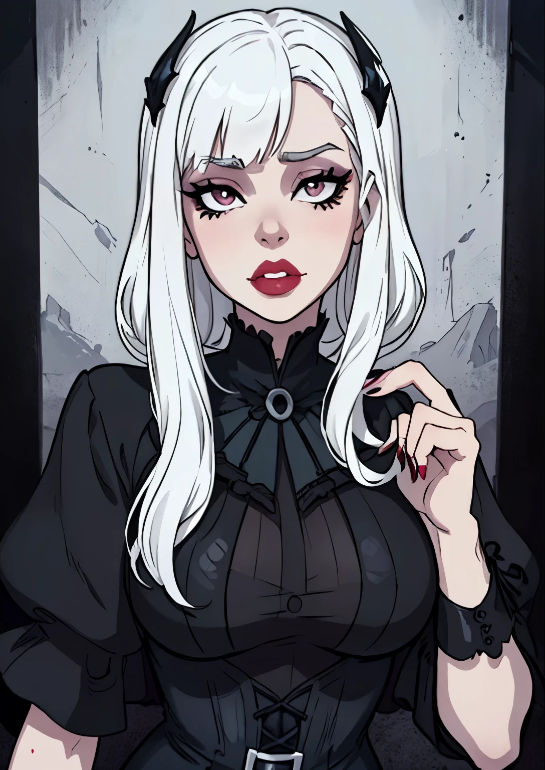 muted pastel colors, Retro anime, аниме 1990-х, 1980s anime, brushstrokes, Anime style, 1 girl, upper-body, Big Face, white colored hair, hair light, black dress, Gothic dress, black gothic dress, black lips, Simple background