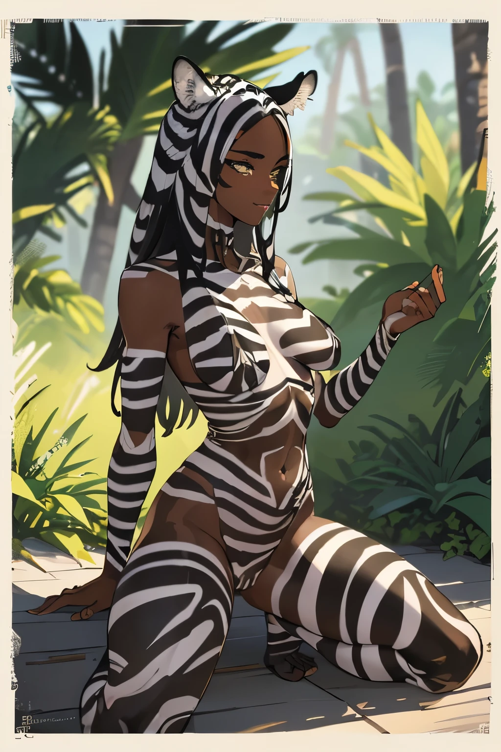 Beautiful and seductive African female zebra hybrid, Stripes expose bare skin, Exercise the body, Elegant shape, In the middle of the tropical jungle, barely clothed, Zebra stripes, Beautiful face, Striped mohawk hair, Jungle theme, Wild theme, Level 5 shield character, rendering by octane, Digital art, Extreme detail, 4K, Ultra HD, Polished, Beautiful, ultra - detailed, Intricate, elaborate, Meticulous, Photorealistic, Sharp focus, Phlegm sputum, phlegm, Character design, illusory engine, a 3D render, voluminetric lighting, pondering, Glossy, Digital illustration, a sexy pose, Suggestive pose, leering, Full body shot, Naked, Visible nipple , puffynipple , Anatomically correct 💖❤💕💋❣