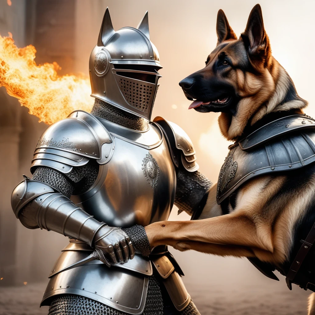 Cinematic, action scene of a knight in shiny silver armor gripping his sword fighting a giant evil german shepherd, amazing quality,intricate detailed armor, detailed helmet, incredible details, masterpiece, intricate sword, flaming sword
 