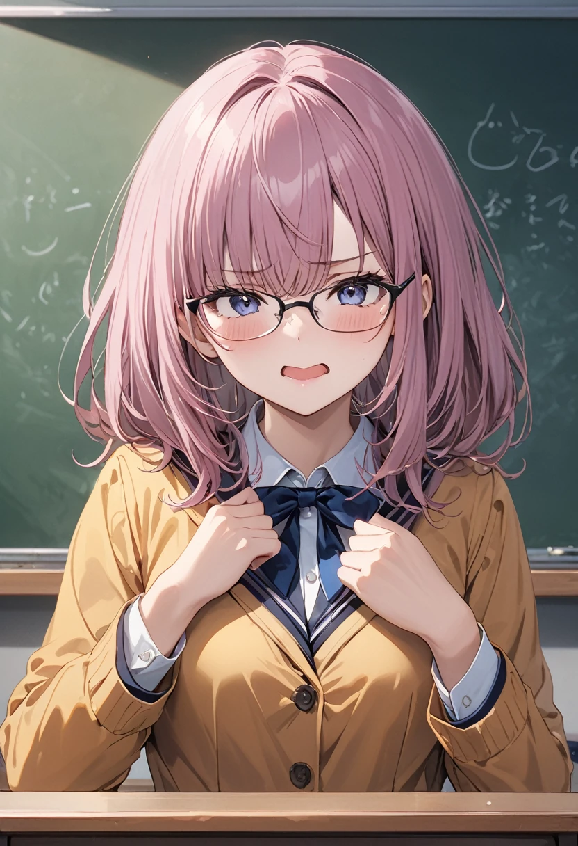 Best Quality, masterpiece, High resolution, School teacher、Hands on the podium、Angry expression、The chest is visible、Beautiful face、Cute expression、Wearing glasses、The background is a classroom