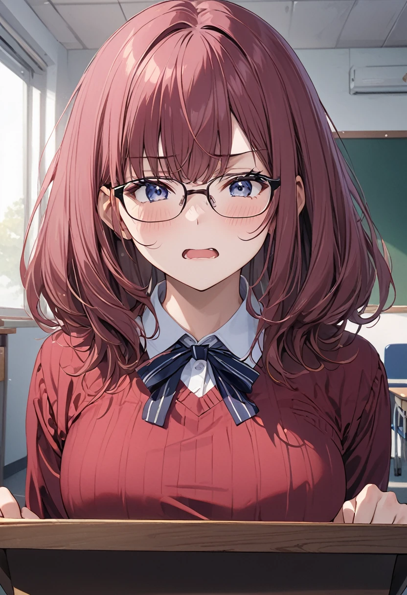 Best Quality, masterpiece, High resolution, School teacher、Hands on the podium、Angry expression、The chest is visible、Beautiful face、Cute expression、Wearing glasses、The background is a classroom