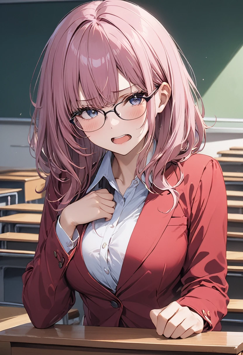 Best Quality, masterpiece, High resolution, School teacher、Hands on the podium、Angry expression、The chest is visible、Beautiful face、Cute expression、Wearing glasses、The background is a classroom