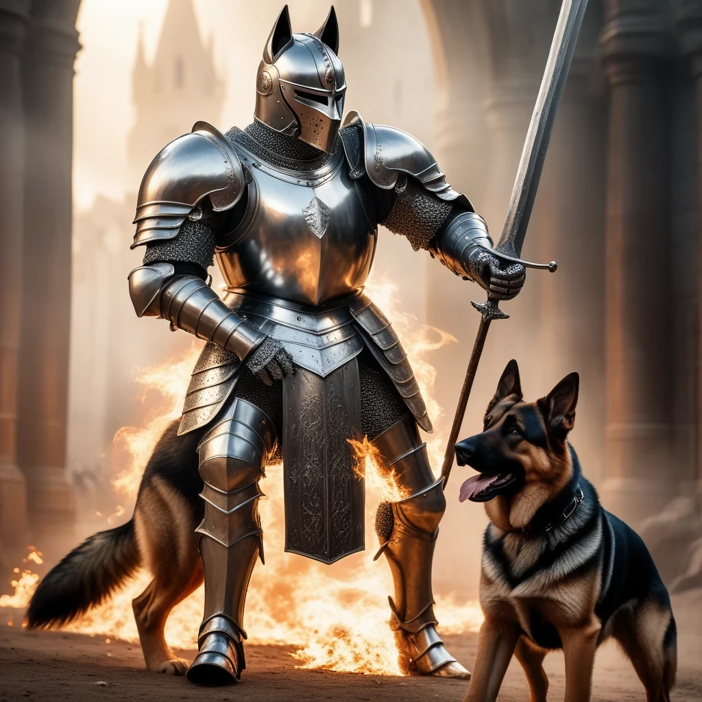 Cinematic, action scene of a knight in shiny silver armor gripping his sword fighting a giant evil german shepherd, amazing quality,intricate detailed armor, detailed helmet, incredible details, masterpiece, intricate sword, flaming sword
 