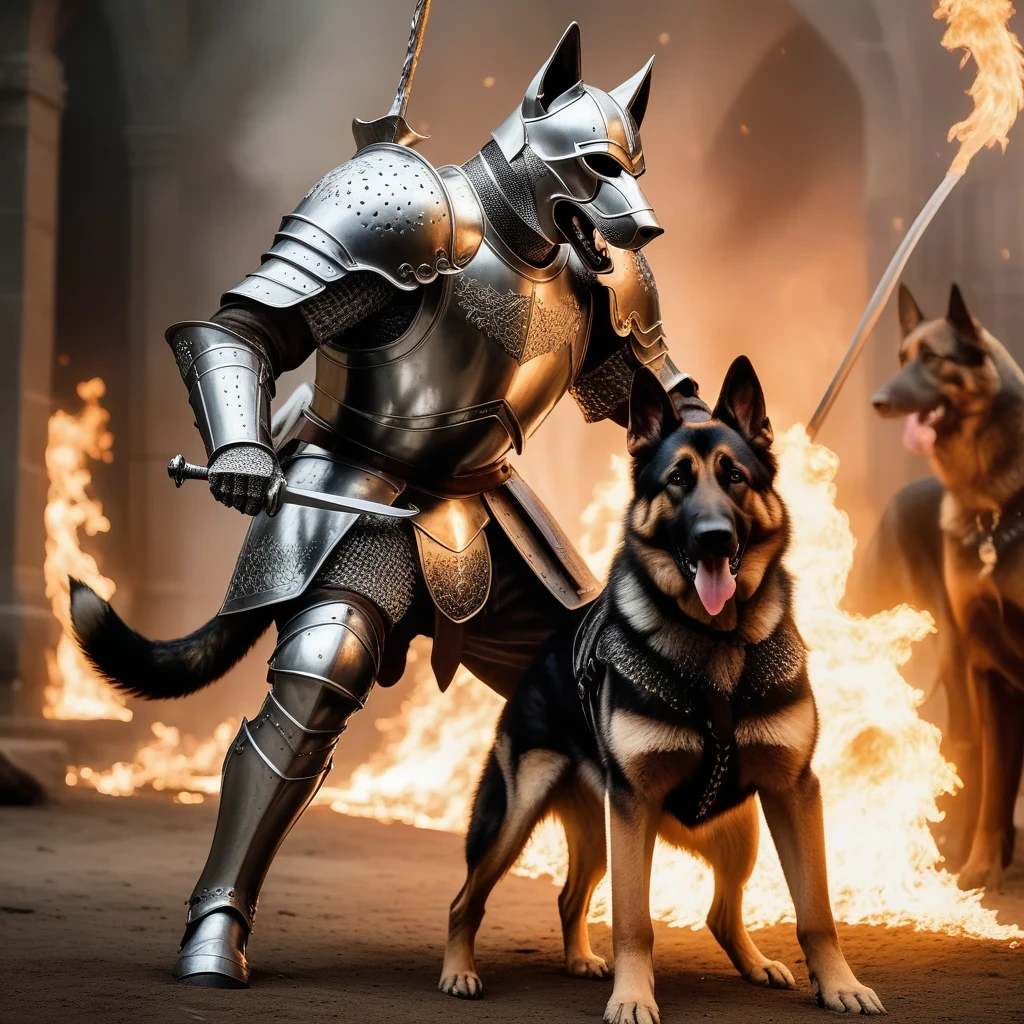 Cinematic, action scene of a knight in shiny silver armor gripping his sword fighting a giant evil german shepherd, amazing quality,intricate detailed armor, detailed helmet, incredible details, masterpiece, intricate sword, flaming sword
 