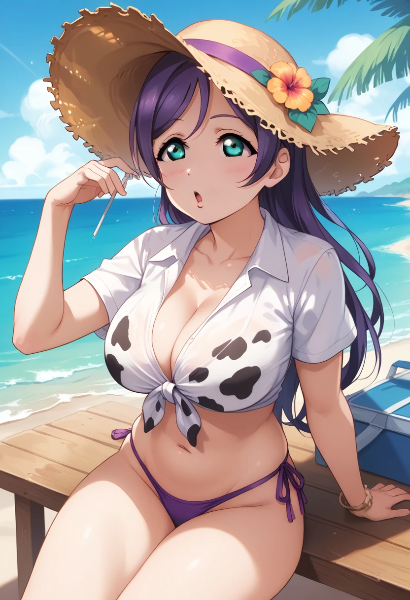 masterpiece,Best Quality, Cowboy Shot,Toujo nozomi, Purple Hair,Long Hair, Lean back, Big Breasts, Cow print shirt, Clevis, Front-tied shirt,Short sleeve, Purple Thong , standing,Beach, Mature ,Straw hat,Half sitting, look up, Love Live! 