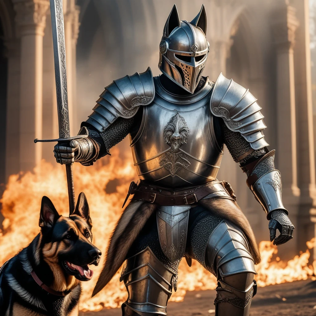 Cinematic, action scene of a knight in shiny silver armor gripping his sword fighting a giant evil german shepherd, amazing quality,intricate detailed armor, detailed helmet, incredible details, masterpiece, intricate sword, flaming sword
 