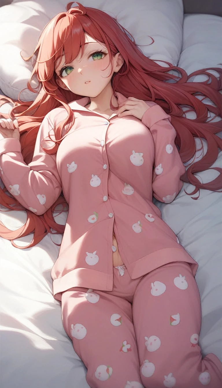 throw, In pajamas、One anime-style woman,Good sized breasts, Red Hair, Long Hair, Green Eyes、Sleeping in bed、I&#39;m in bed with a cold、The duvet is pulled up to the mouth、Feverish face、Moist eyes、Best Quality、masterpiece、８ｋ、Beautiful photos, 