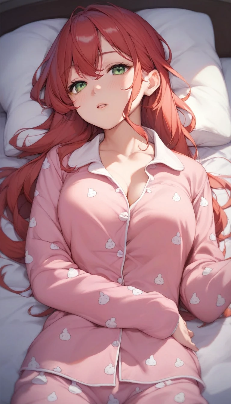 throw, In pajamas、One anime-style woman,Good sized breasts, Red Hair, Long Hair, Green Eyes、Sleeping in bed、I&#39;m in bed with a cold、The duvet is pulled up to the mouth、Feverish face、Moist eyes、Best Quality、masterpiece、８ｋ、Beautiful photos, 