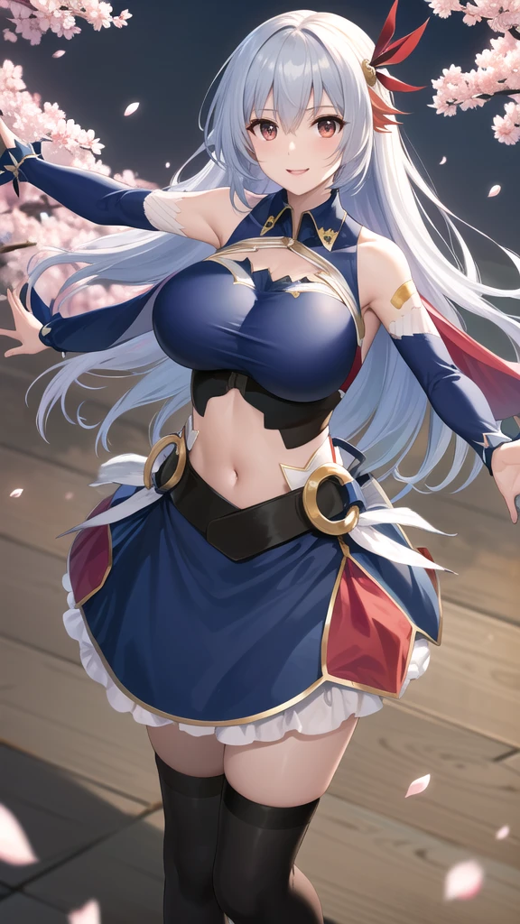 masterpiece, best quality, highres, aaev, long hair, hair ornament, large breasts, cleavage, clothing cutout, blue shirt, sleeveless shirt, detached sleeves, midriff, skirt, blue skirt, cherry blossoms, standing, cowboy shot, outstretched arms, reaching out, smile,