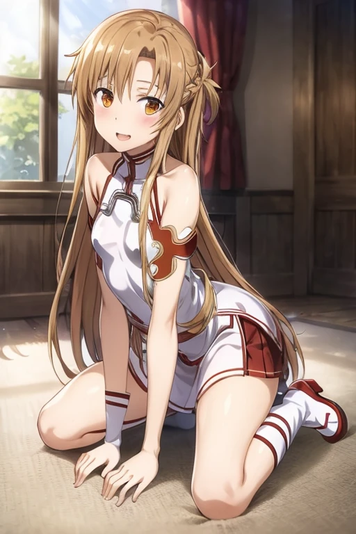 ((Best Quality)), ((masterpiece)), (be familiar with), Perfect Face, indoor, bedroom, Watching the audience,
One woman, Yuuki Asuna,
Open Mouth, Ecstatic expression, blush, smile,
Small breasts, Flat Chest, , , child, Girl,
Long Hair, Long Hair,
Leg spread,