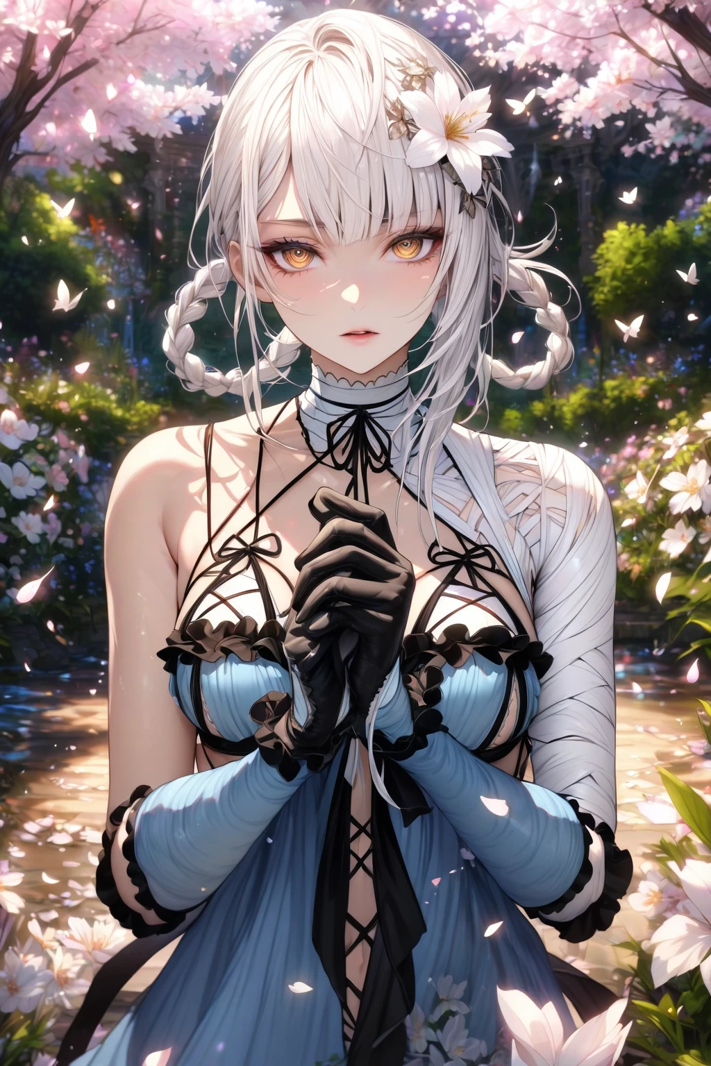 kaine (nier), 1girl, white hair, (bandaged arm), ((bandaged neck)), ((bandaged left thigh)), ((bandages)), bangs, hair flower, hair ornament, white flower, braid, black bow, black gloves, clothing cutout, collarbone, detached blue sleeves, diagonal bangs, frills, lingerie, blue negligee, white panties, side slit, gloves, sharp look, illustration, best quality, high resolution, masterpiece, modelshoot style, analog style, standing, photorealistic, professional photography, sharp focus, HDR, 8K resolution, intricate detail, sophisticated detail, (depth of field), highlight and shadow, perfect anatomy, professional light, top lit, half body, holding weapon, trees, one hand on hips, flower garden, bokeh, perfect face, perfect eyes, blotchy makeup, slender, medium breast, smaller head, solo, <lora:kaineNierReplicant_1:0.8>