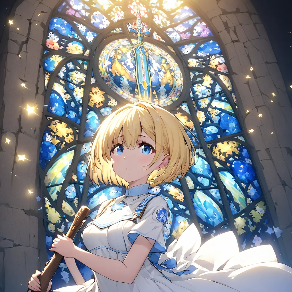 ((((Arthur　Sword of Light、Stick it in stone　close))))　(((Yellow Hair、Short Bob　blue eyes　White Dress　Goddess of Victory)))　((Immersed in light))　(Stained Glass、Shine　Illuminated from above　Front)　Shineエッジ　Shine背景