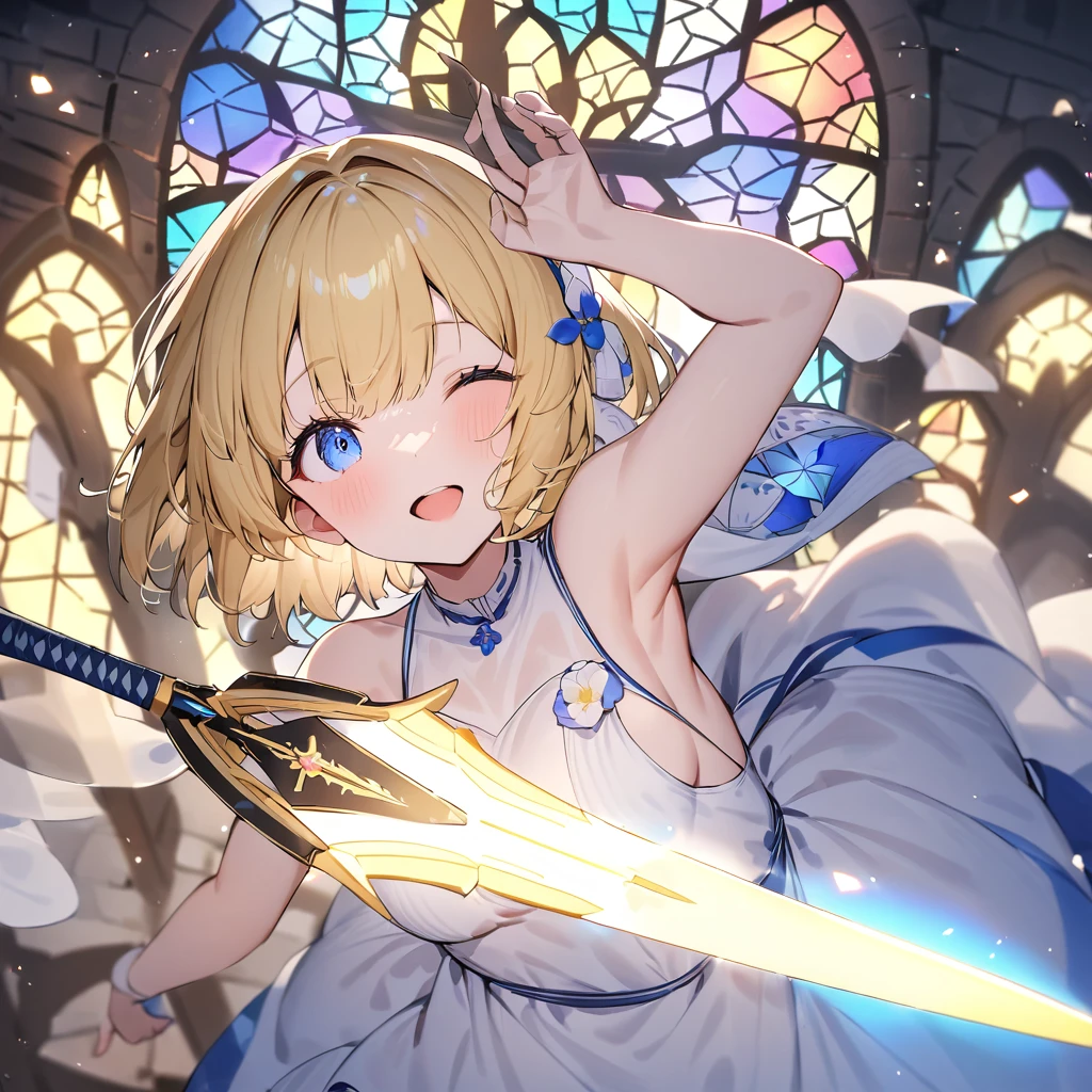 ((((Arthur　Sword of Light、Stick it in stone　close))))　(((Yellow Hair、Short Bob　blue eyes　White Dress　Goddess of Victory)))　((Immersed in light))　(Stained Glass、Shine　Illuminated from above　Front)　Shineエッジ　Shine背景