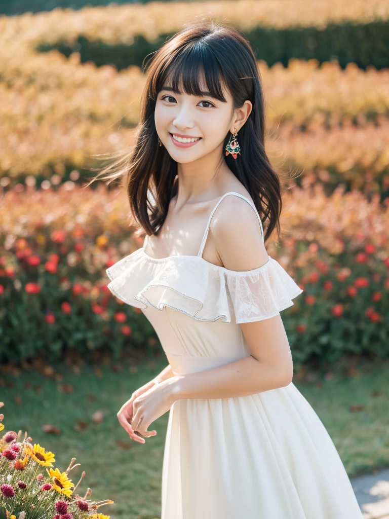 RAW Photos:1.2, masterpiece, Highest quality, 16K, Unbelievably absurd, Very detailed, Perfect beauty, Beautiful cute girl, A perfect smile、A sheer dress fluttering in the wind, Off the shoulder, Strapless, Rainbow gradient, The butterfly tattoo on her arm moves to appeal to the viewers., forest,