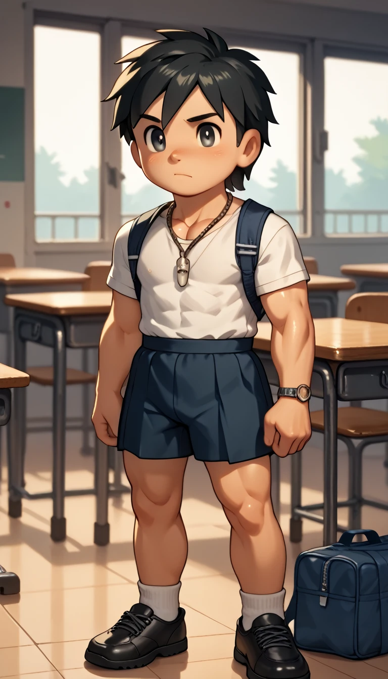 Anatomically correct, Highest quality,Short,black hair,black eyes,necklace,Young boy,Primary school students,Muscular,Chibi,