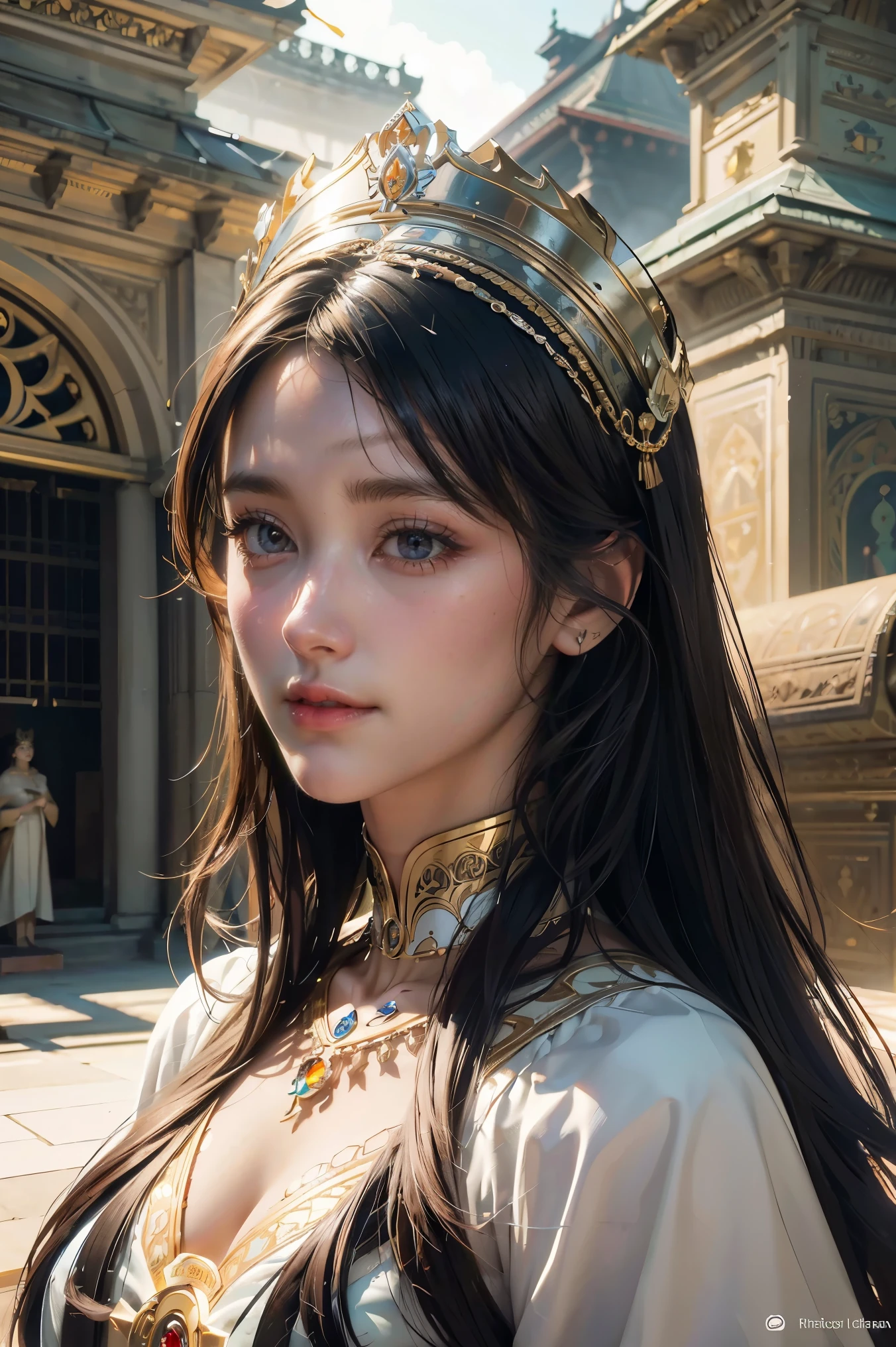 portrait of etheral goddess, intricate, elegant, highly detailed, digital painting, artstation, concept art, smooth, sharp focus, illustration, art by artgerm and greg rutkowski and alphonse mucha and william - adolphe bouguereau and stephanie law , epic royal background, big royal uncropped crown, royal jewelry, robotic, nature, full shot, symmetrical, Greg Rutkowski, Charlie Bowater, Beeple, Unreal 5, hyperrealistic, dynamic lighting, fantasy art  