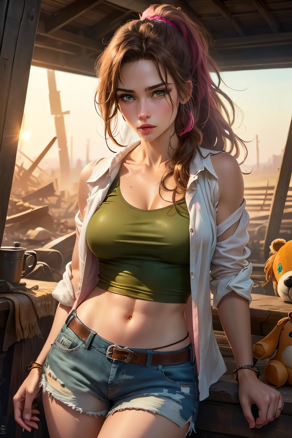 (Best quality:1.4),masterpiece,ultra detailed,fine features,soft skin,Realism,beautiful lighting,cowboy shot,1 girl,Brown hair, Ponytail,green eyes ,puppet, big , long hair,tanned skin, pink ripped top, torn shorts, wasteland, Laura Croft sultry look, seductive, Smirk, , inviting smile,