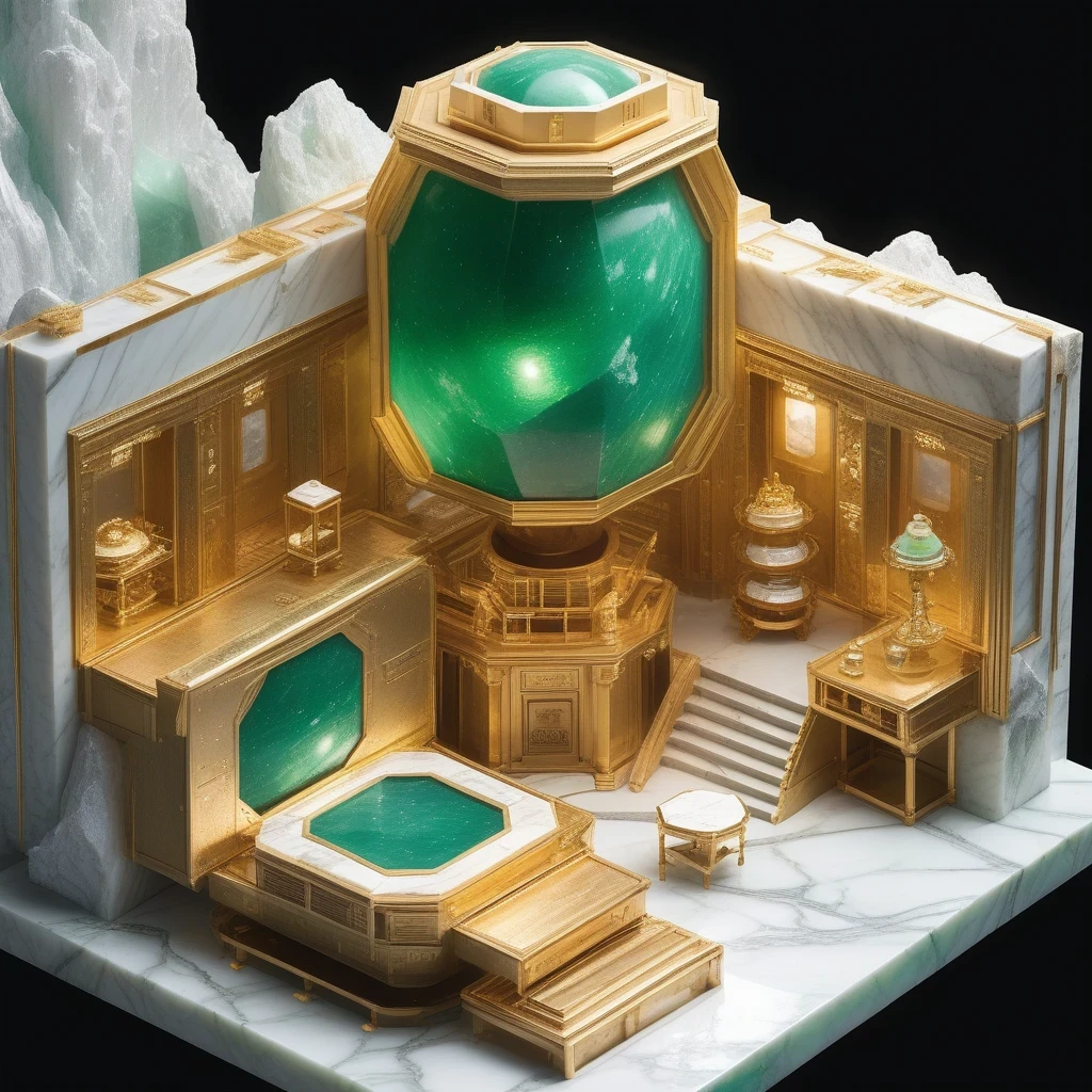 (((Isometric)))Pure Gold Imperial Green Jadeite Mine Space Station 1：35 miniatures，Isometric，Starlight，Telephoto，Micro perspective effect，Ultra high quality，Masterpieces，Ivory white marble background，Wooden altar，Light and shadow weakening，3D Modeling，Four-dimensional model，Studio Lighting，
Shining，Bright colors，8k，Surface reflected light~