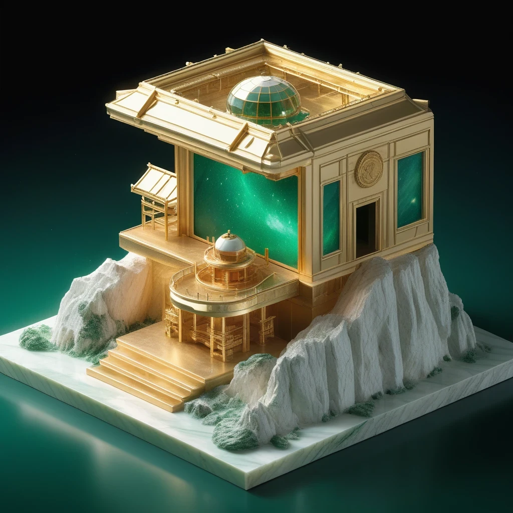 (((Isometric)))Pure Gold Imperial Green Jadeite Mine Space Station 1：35 miniatures，Isometric，Starlight，Telephoto，Micro perspective effect，Ultra high quality，Masterpieces，Ivory white marble background，Wooden altar，Light and shadow weakening，3D Modeling，Four-dimensional model，Studio Lighting，
Shining，Bright colors，8k，Surface reflected light~