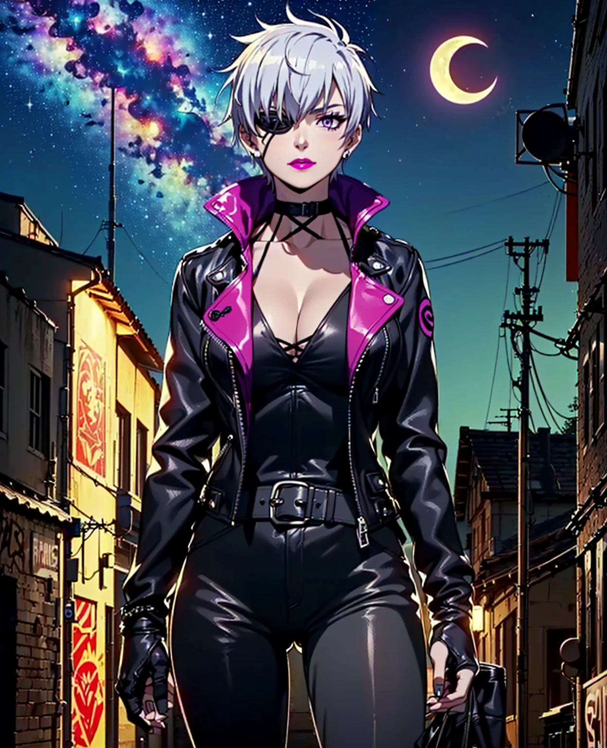 (1girl, Alone, alone), (najenda, short hair, (eye patch, purple eyes:1.3), grey hair, eyepatch, eye patch, single mechanical arm, Silver Hair,Short Hair, lilac eyes), ((Alone, (1woman,pink lipstick ), extremely detailed , Soft ambient lighting, 4K, perfect eyes, a perfect face, Perfect Lighting, the 1 girl)), ((fitness, , shapely body, athletic body, toned body)) , (( biker woman, rocker woman, punk woman, black jacket, leather jacket, black t-shirt, black pants, leather pants, night, sky, constellations, milky way, crescent moon, alley, graffitied walls, lane, smug))