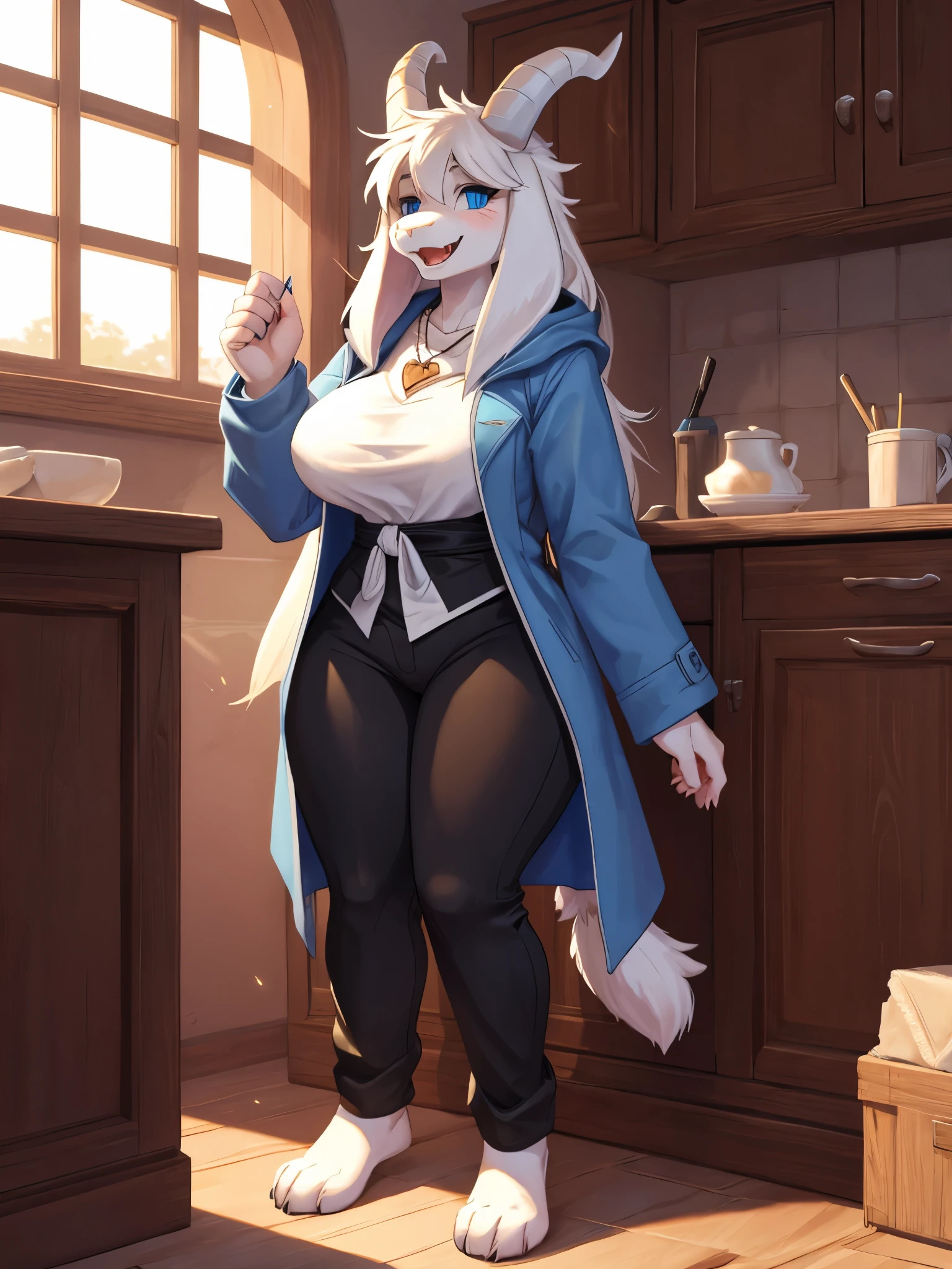 woman, young adult, smiling, beautiful smile, open mouth, showing fangs, alone, in a house, hairy, goat, anthropomorphic goat, Asriel, Undertale ((Asriel Dreemurr)), big breasts, big, big ass, wide hips, perfect female body, tall, ((long hair, long white hair, straight hair)), blue eyes, pupils (slit shape), face, anthropomorphic, cartoon, Eskimo coat ((blue coat, no drawing, Eskimo coat) ), metacarpal paw, black blouse ((white heart in the middle, black pants)), wears golden heart pendant, goat's tail, short horns, white horns ((droopy ears, big ears)), goat's paw, anthropomorphic paw , specific, better quality, better detailing, details and quality.