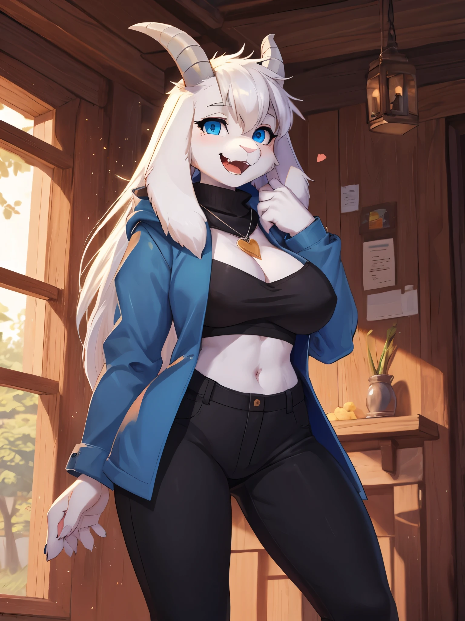 woman, young adult, smiling, beautiful smile, open mouth, showing fangs, alone, in a house, hairy, goat, anthropomorphic goat, Asriel, Undertale ((Asriel Dreemurr)), big breasts, big, big ass, wide hips, perfect female body, tall, ((long hair, long white hair, straight hair)), blue eyes, pupils (slit shape), face, anthropomorphic, cartoon, Eskimo coat ((blue coat, no drawing, Eskimo coat) ), metacarpal paw, black blouse ((white heart in the middle, black pants)), wears golden heart pendant, goat's tail, short horns, white horns ((droopy ears, big ears)), goat's paw, anthropomorphic paw , specific, better quality, better detailing, details and quality.