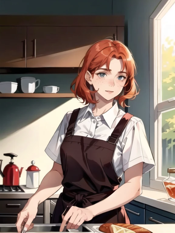 1, Redhead, In the kitchen, Freckles on the face, standing, Beautiful clothes, Beautiful Face,