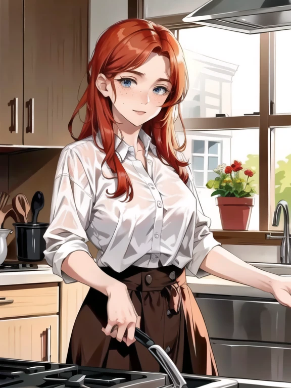 1, Redhead, In the kitchen, Freckles on the face, standing, Beautiful clothes, Beautiful Face,