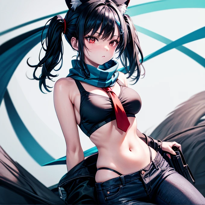 1girl, (masterpiece), best quality, expressive eyes, perfect face, long hair, medium breasts, navel, animal ears, ((cyan hair)), standing, tail, ((yellow eyes)), shorts, midriff, belt, crop top, ((animal ear fluff)), short shorts, ((wolf ears)), ((wolf tail)), ((wolf girl))