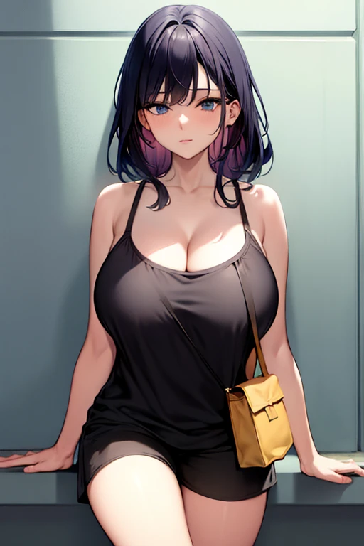 , black hair, blue eyes, short hair looking to the side, Alone, breasts, lips parted, large breasts, looking away, camisole, cowboy shot, 1 , black shorts, shorts, short shorts, bare shoulders, clavicle, cleavage masterpiece, best quality