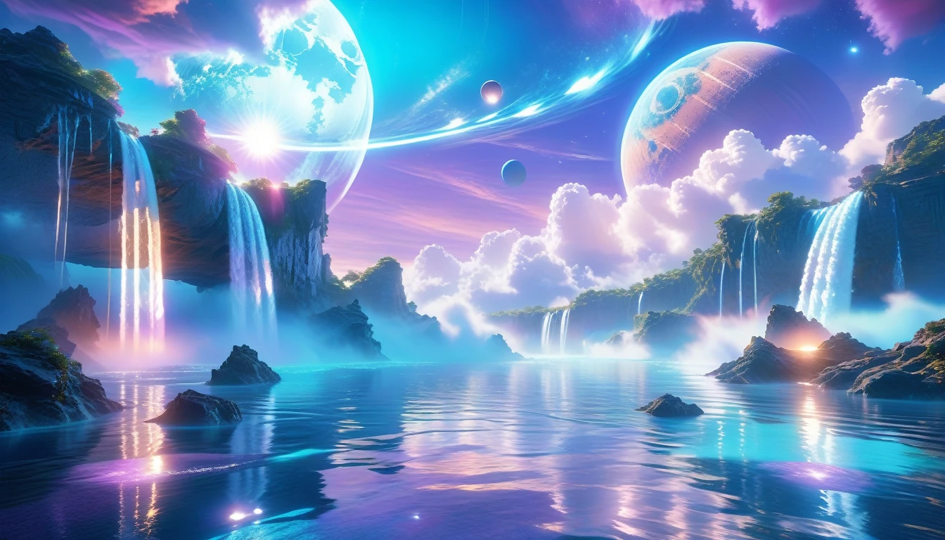 A Masterpiece In 32K Resolution, Supreme Quality, Super Detail, Official Art, Very High-Resolution 32K Wallpaper, Beautiful And Ethereal, Ultra-Detailed Features, Awe-Inspiring Detail. Celestial, Serene, And Dreamlike Scene Set On A Mystical, Oceanic Planet. The Scene Features Vast, Crystal-Clear Waters Reflecting The Light Of Two Moons Suspended In A Twilight Sky. Towering Waterfalls Cascade From Hovering Islands, Surrounded By Clouds That Shimmer With Iridescent Blues And Violets. A Giant Ringed Planet Dominates The Horizon, Its Rings Glistening With Particles Of Stardust. The Atmosphere Is Peaceful Yet Brimming With An Air Of Fantasy, And The Use Of Soft Gradients Gives A Sense Of Tranquil Motion. Otherworldly Flora Sways In The Gentle Breeze, Adding A Sense Of Calm To This Aquatic Paradise. The Palette Is Soft Yet Vibrant, With Hues Of Turquoise, Lavender, And Coral Creating A Mesmerizing Visual Harmony.