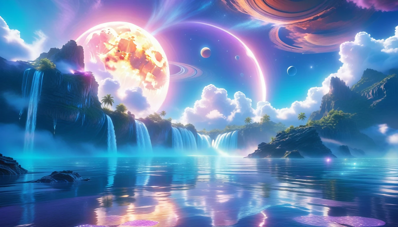 A Masterpiece In 32K Resolution, Supreme Quality, Super Detail, Official Art, Very High-Resolution 32K Wallpaper, Beautiful And Ethereal, Ultra-Detailed Features, Awe-Inspiring Detail. Celestial, Serene, And Dreamlike Scene Set On A Mystical, Oceanic Planet. The Scene Features Vast, Crystal-Clear Waters Reflecting The Light Of Two Moons Suspended In A Twilight Sky. Towering Waterfalls Cascade From Hovering Islands, Surrounded By Clouds That Shimmer With Iridescent Blues And Violets. A Giant Ringed Planet Dominates The Horizon, Its Rings Glistening With Particles Of Stardust. The Atmosphere Is Peaceful Yet Brimming With An Air Of Fantasy, And The Use Of Soft Gradients Gives A Sense Of Tranquil Motion. Otherworldly Flora Sways In The Gentle Breeze, Adding A Sense Of Calm To This Aquatic Paradise. The Palette Is Soft Yet Vibrant, With Hues Of Turquoise, Lavender, And Coral Creating A Mesmerizing Visual Harmony.