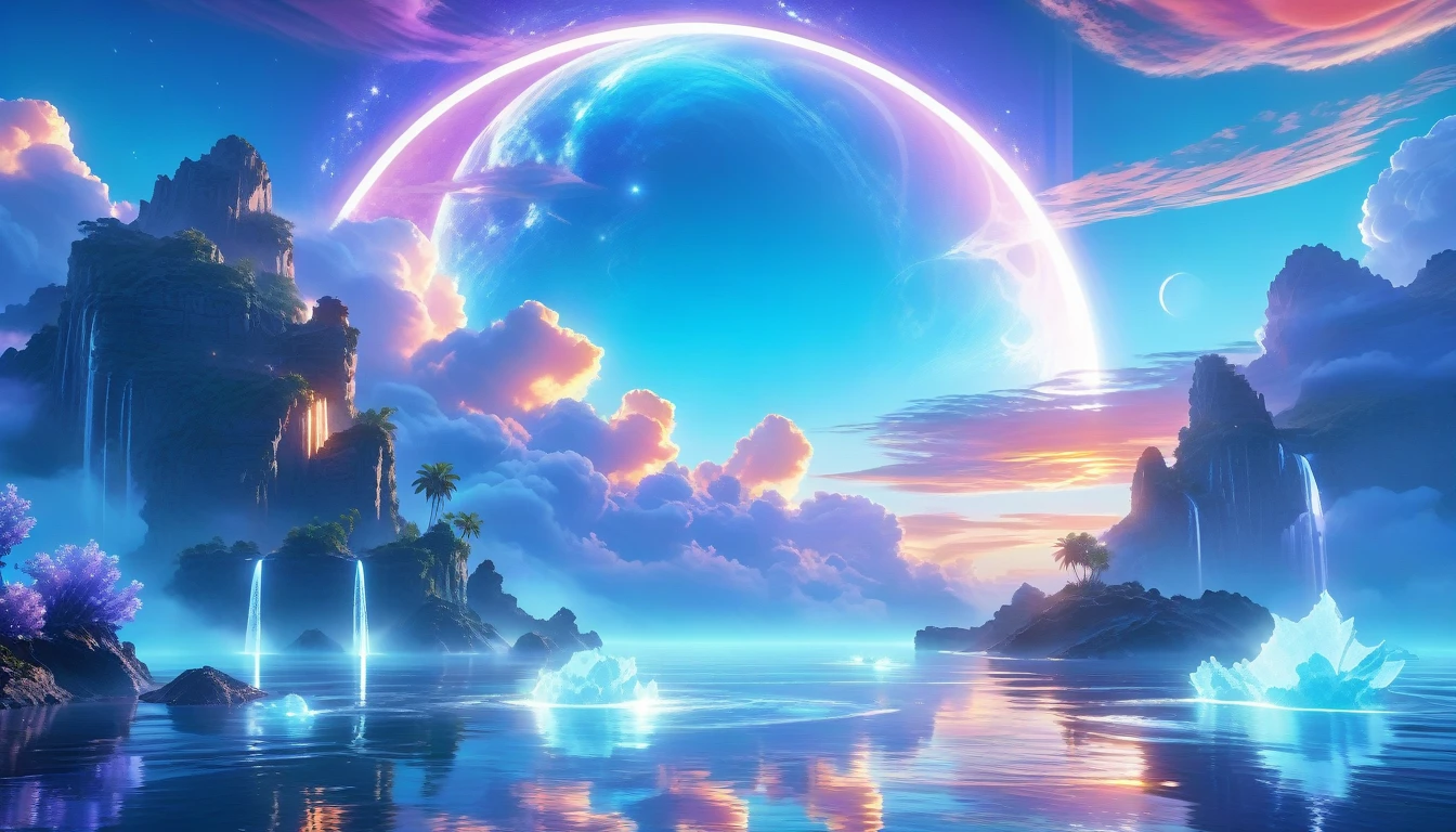 A Masterpiece In 32K Resolution, Supreme Quality, Super Detail, Official Art, Very High-Resolution 32K Wallpaper, Beautiful And Ethereal, Ultra-Detailed Features, Awe-Inspiring Detail. Celestial, Serene, And Dreamlike Scene Set On A Mystical, Oceanic Planet. The Scene Features Vast, Crystal-Clear Waters Reflecting The Light Of Two Moons Suspended In A Twilight Sky. Towering Waterfalls Cascade From Hovering Islands, Surrounded By Clouds That Shimmer With Iridescent Blues And Violets. A Giant Ringed Planet Dominates The Horizon, Its Rings Glistening With Particles Of Stardust. The Atmosphere Is Peaceful Yet Brimming With An Air Of Fantasy, And The Use Of Soft Gradients Gives A Sense Of Tranquil Motion. Otherworldly Flora Sways In The Gentle Breeze, Adding A Sense Of Calm To This Aquatic Paradise. The Palette Is Soft Yet Vibrant, With Hues Of Turquoise, Lavender, And Coral Creating A Mesmerizing Visual Harmony.