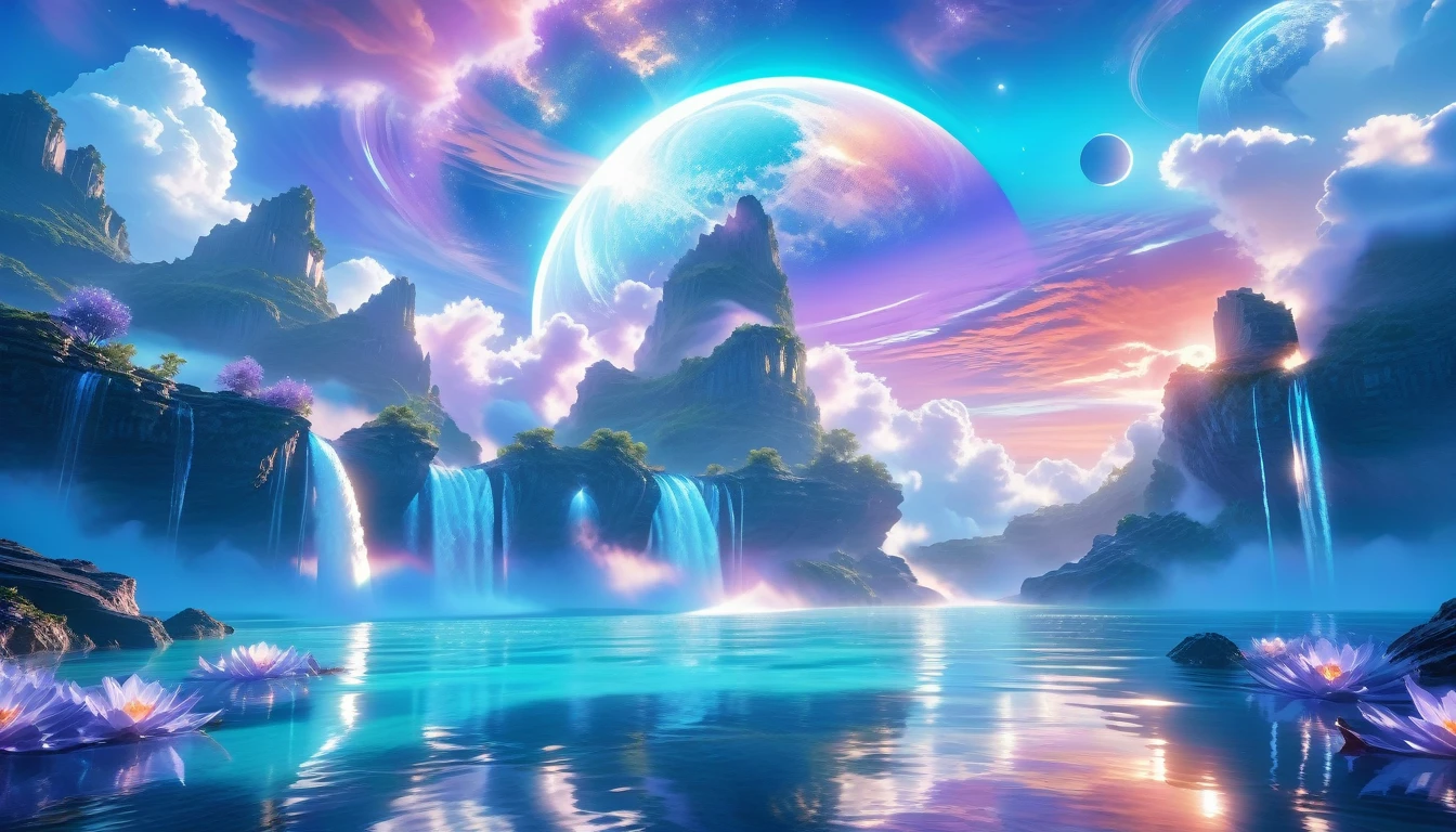 A Masterpiece In 32K Resolution, Supreme Quality, Super Detail, Official Art, Very High-Resolution 32K Wallpaper, Beautiful And Ethereal, Ultra-Detailed Features, Awe-Inspiring Detail. Celestial, Serene, And Dreamlike Scene Set On A Mystical, Oceanic Planet. The Scene Features Vast, Crystal-Clear Waters Reflecting The Light Of Two Moons Suspended In A Twilight Sky. Towering Waterfalls Cascade From Hovering Islands, Surrounded By Clouds That Shimmer With Iridescent Blues And Violets. A Giant Ringed Planet Dominates The Horizon, Its Rings Glistening With Particles Of Stardust. The Atmosphere Is Peaceful Yet Brimming With An Air Of Fantasy, And The Use Of Soft Gradients Gives A Sense Of Tranquil Motion. Otherworldly Flora Sways In The Gentle Breeze, Adding A Sense Of Calm To This Aquatic Paradise. The Palette Is Soft Yet Vibrant, With Hues Of Turquoise, Lavender, And Coral Creating A Mesmerizing Visual Harmony.