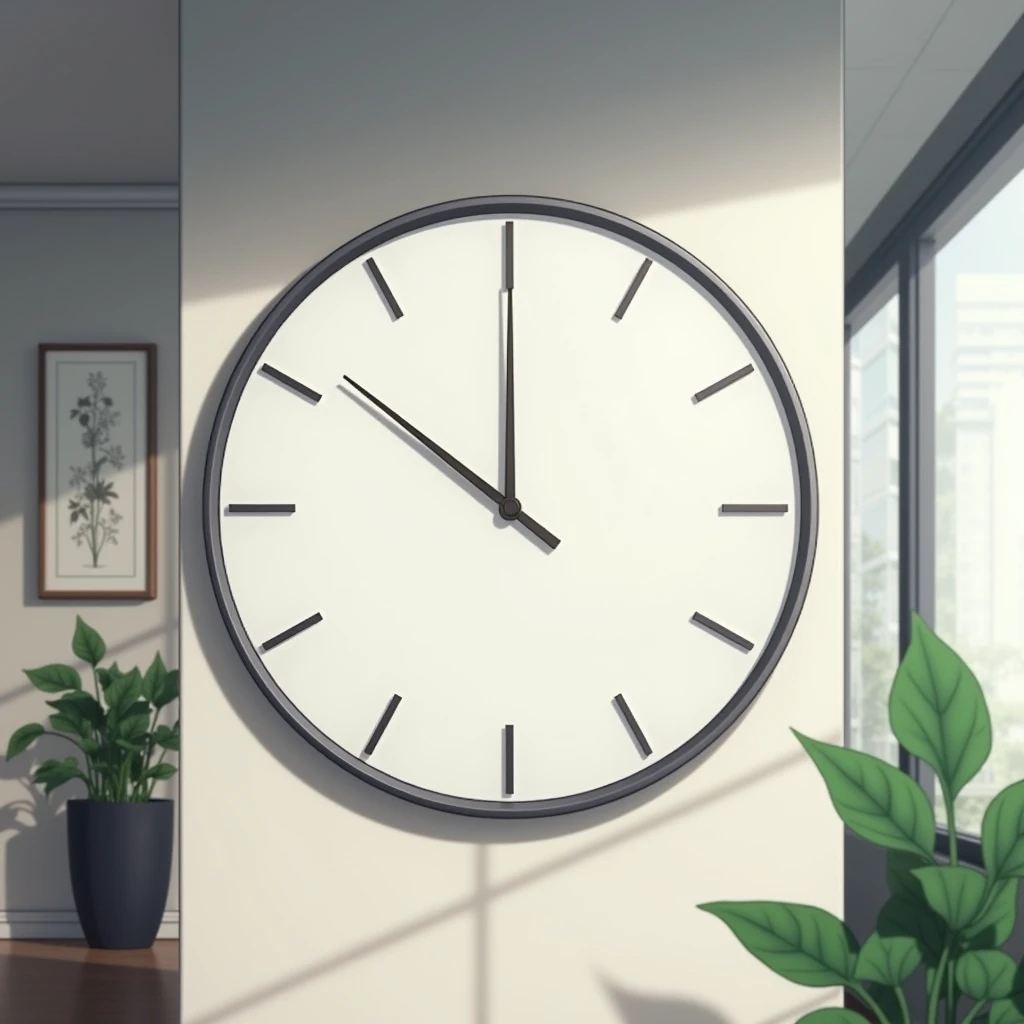 Anime image of a clock hanging on the wall of an office marking 12:00 p.m.