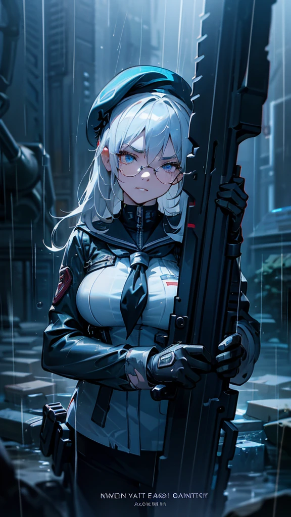 Silver Haired Girl,((Large Breasts:0.7)),Red glasses,prone position,Looking through a sniper scope,Sighting gun,Tactical Boots,Futuristic gun,Rainy environment,High image quality,8k,Super detailed,Surreal,masterpiece,Cinematic Lighting,Dramatic lighting,Dramatic Pose,Highly detailed facial features,Very realistic,Realistic,((Heavy Rain:1.2)).Beautiful detailed eyes,Beautiful detailed lips,Highly detailed eyes and face,Long eyelashes,1 girl,Concept Art,Digital Art、Shiny Futuristic gun、A vivid depiction of the human body、Sexy sailor-style combat uniform、((Heavily torn clothing)) The hall in the center of the poster々Standing, Wear stylish and edgy clothing,Sad expression. The background is dark、rough., There is danger and tension. The text is bold and eye-catching,((Wear a beret)) A catchy tagline that creates a dramatic and exciting atmosphere. The color palette is mostly dark.、Bright colors are scattered throughout。, Give your poster a dynamic and visually striking look,Character Portrait((Symposium cover))