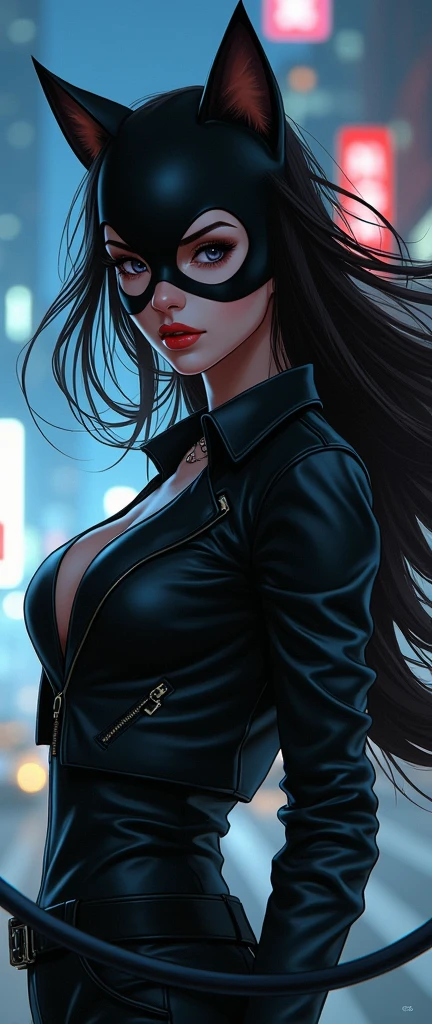 1girl, detailed eyes, detailed nose, detailed lips, beautiful woman, night city, blowing wind, leather jacket, catwoman, rogue, whip, (illustration blowing wind), (anime style:1.5), (best quality,4k,8k,highres,masterpiece:1.2),ultra-detailed,(realistic,photorealistic,photo-realistic:1.37)