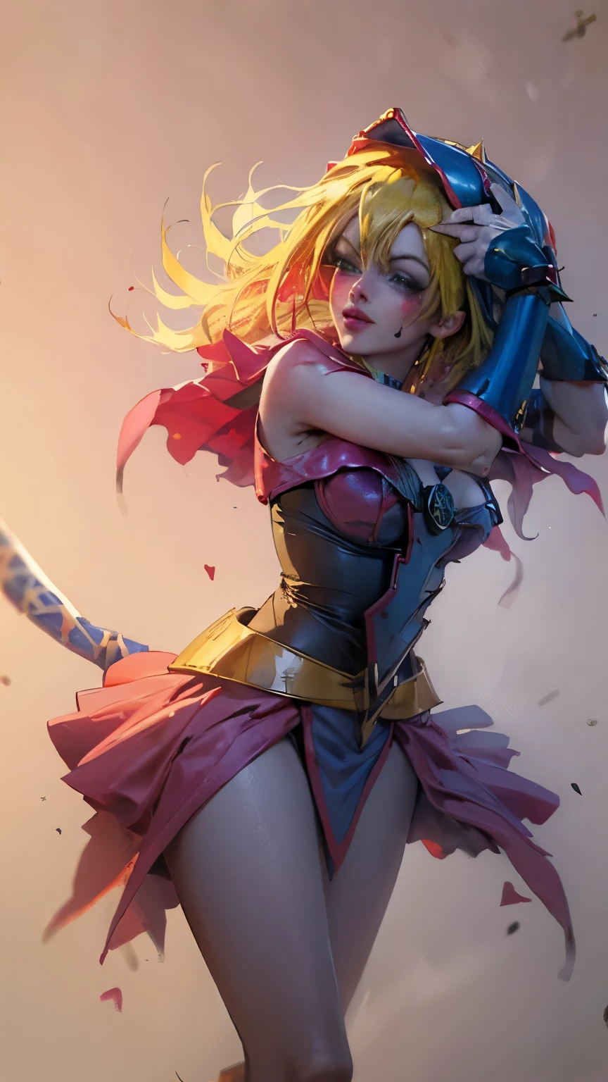 Dark magician Gils dressed as Harley Quinn. She has blonde and black hair. blue eyes. red lips. Gils, the dark magician, dressed up as Harley Quinn. Sensual and innocent pose. Circus and magic background.