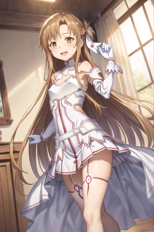 ((Best Quality)), ((masterpiece)), (be familiar with), Perfect Face, indoor, bedroom, Watching the audience,
One woman, Yuuki Asuna,
Open Mouth, Ecstatic expression, blush, smile,
Small breasts, Flat Chest, , , child, Girl,
Long Hair, Long Hair,
Leg spread,