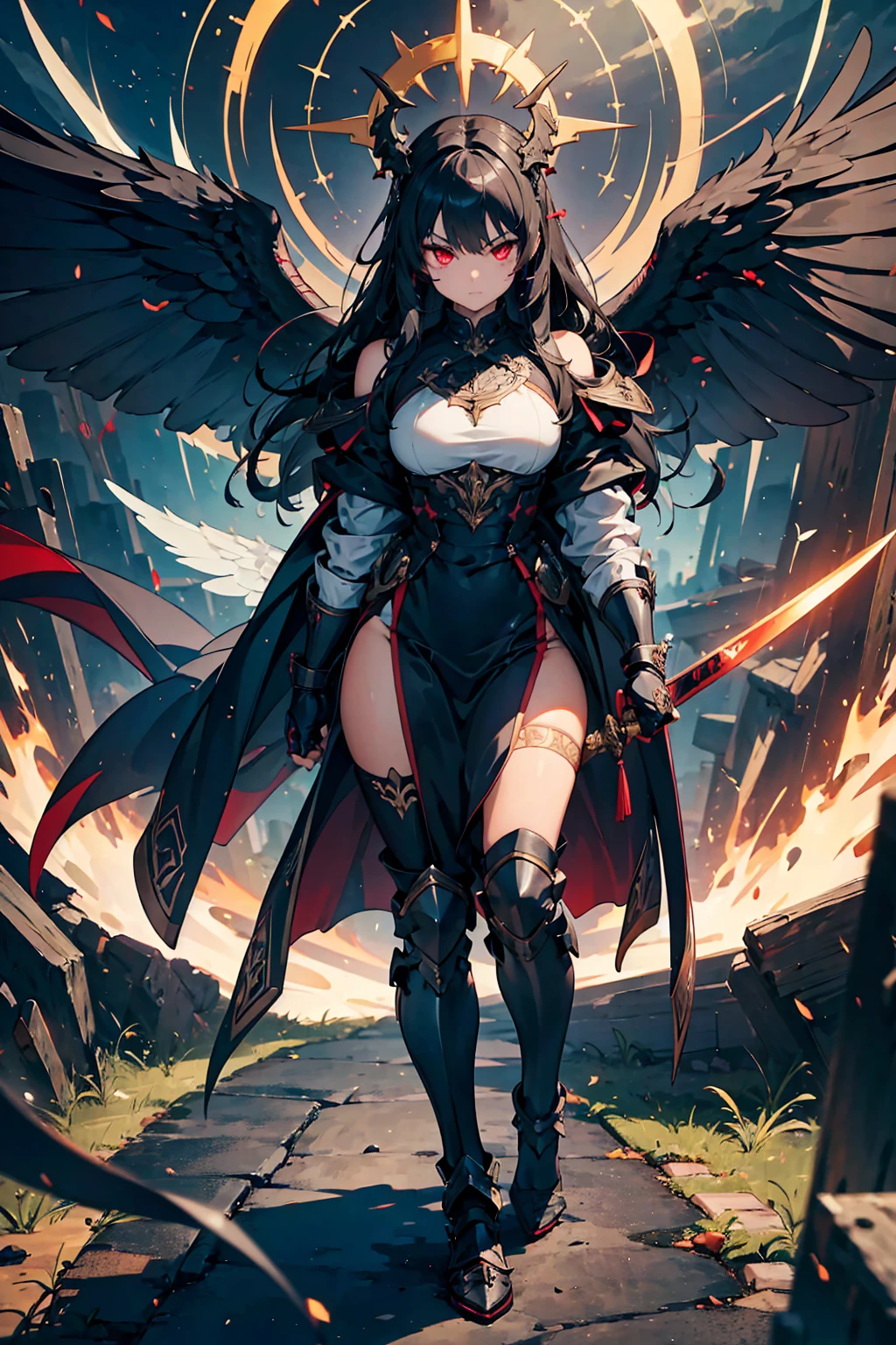 battle on Christmas day, detailed face, super low angle, mechanical, complex body, huge Colossus of god's weapon, flying, drooping eyes, sleepy face, open legs, small breasts, ((halo)), above the city, crotch hit to on the top of building, impact, high speed, flame, Santa costume, destroying,