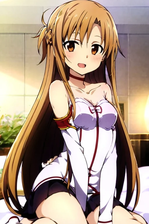 ((Best Quality)), ((masterpiece)), (be familiar with), Perfect Face, indoor, bedroom, Watching the audience,
One woman, Yuuki Asuna,
Open Mouth, Ecstatic expression, blush, smile,
Small breasts, Flat Chest, , , , Girl,
Long Hair, Long Hair,
Leg spread,