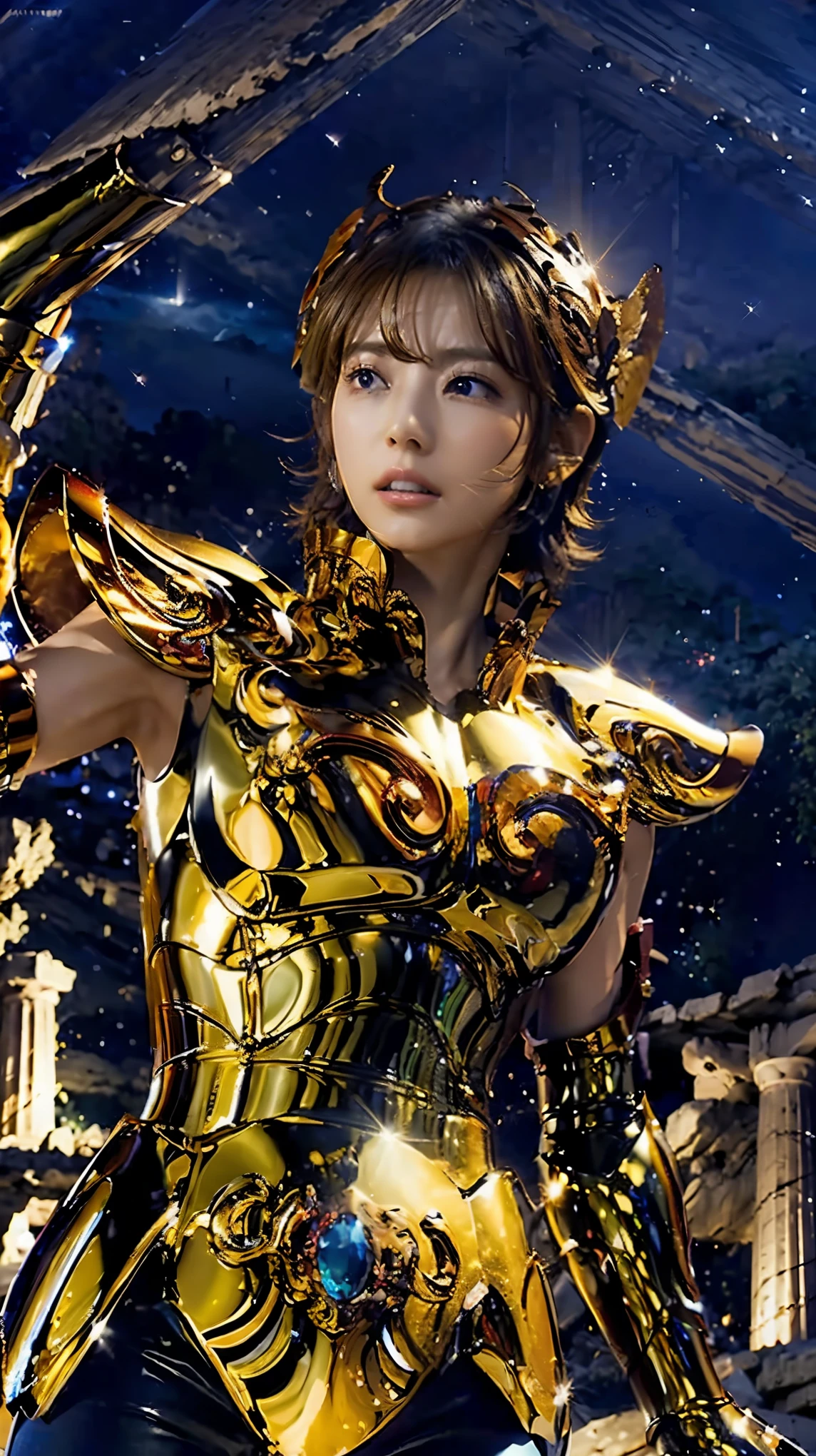 masterpiece, Please redeem, 超High resolution, Realistic skin texture, Armature, (Realistic:1.4), High resolution, RAW Photos, 1 girl, Shiny skin, (Detail Skin:1.2), Realistic skin texture, Best Writing, Wearing red pants, (Perfect breasts:1.3), Shine, I am armor, (short hair:1.2), (Pegasus Seiya:1.2), Wearing a golden lion helmet, Dramatic lighting, Dynamic pose, (Greek temple background:1.3), Night Sky, Universe, milky way,