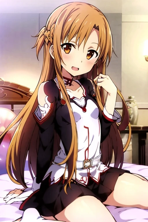 ((Best Quality)), ((masterpiece)), (be familiar with), Perfect Face, indoor, bedroom, Watching the audience,
One woman, Yuuki Asuna,
Open Mouth, Ecstatic expression, blush, smile,
Small breasts, Flat Chest, , , child, Girl,
Long Hair, Long Hair,
Leg spread,